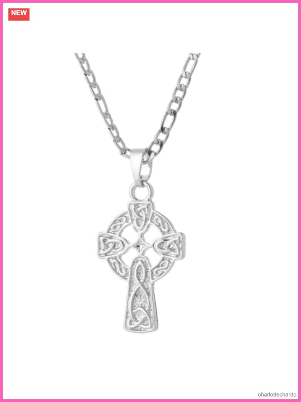 14K White Gold Plated Celtic Cross Pendant Necklace Figaro Chain